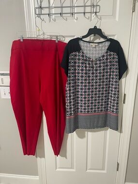 Red Women's Pull-On Pants with Patterned Short Sleeve Top Terra & sky emaline 3x